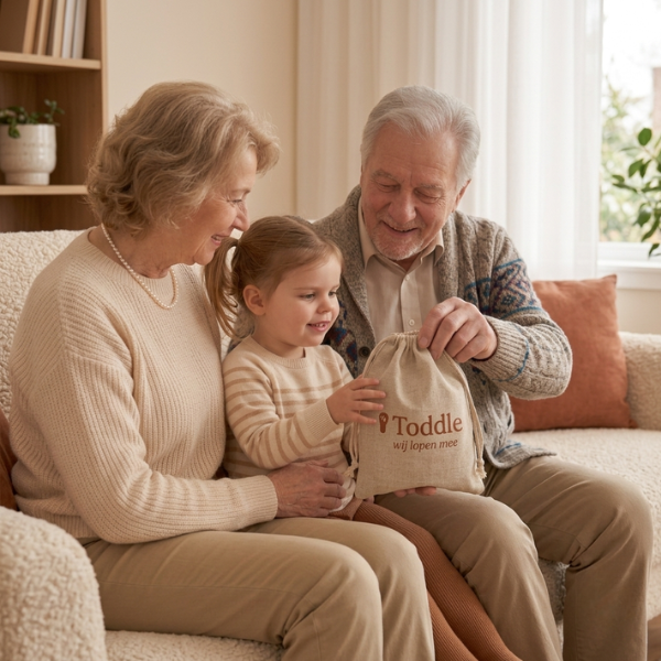 Opa en oma geven een kleinkind het Toddle cadeauzakje
