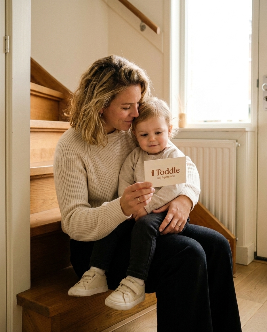 Moeder en kind lezen samen de Toddle rituaalkaart bij de deur