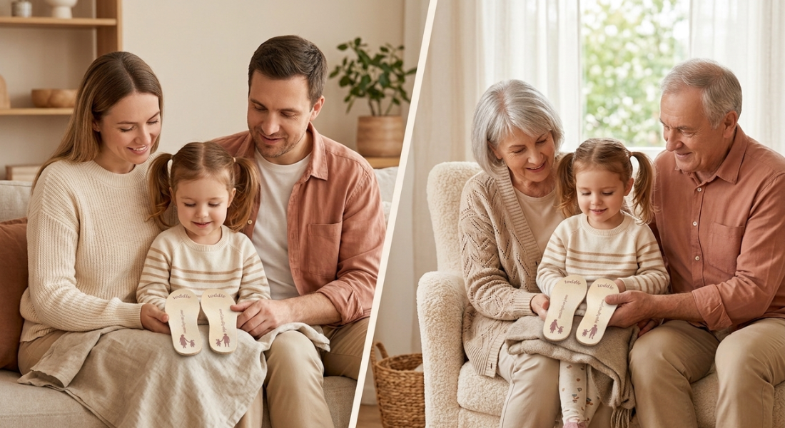 Mama & Papa en Oma & Opa met kindje die samen de Toddle inlegzolen vasthouden